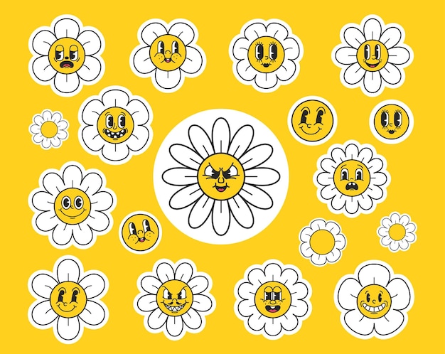 Y2k Daisy Flower Characters Whimsical And Retroinspired Blossom Personages With Emotions Representing The Playful And Optimistic Spirit Of The Turn Of The Millennium Cartoon Vector Illustration