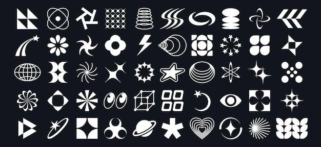 Y2k elements Abstract geometric stars simple globe and minimal 2000 bauhaus techno shapes 90s brutalism acid rave y2k isolated vector retro icons