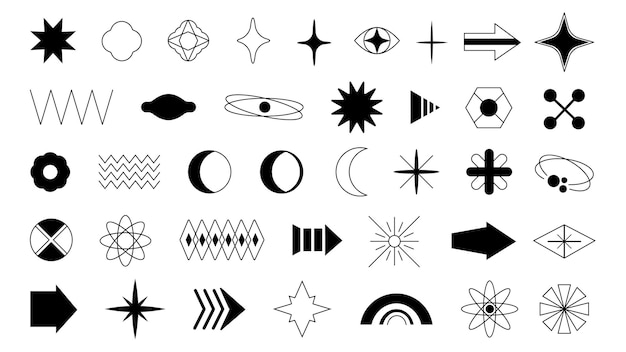 Y2k elements geometric shape and stars Minimalist 80s graphic symbols Futuristic cyberpunk retro design Arrow and sphere decent black vector figure