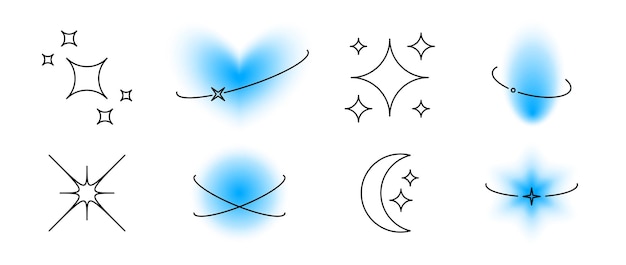 Vettore elementi y2k con linee di eclissi impostate forma dell'aura sfocata e raccolta di elementi lineari sfocata liscia