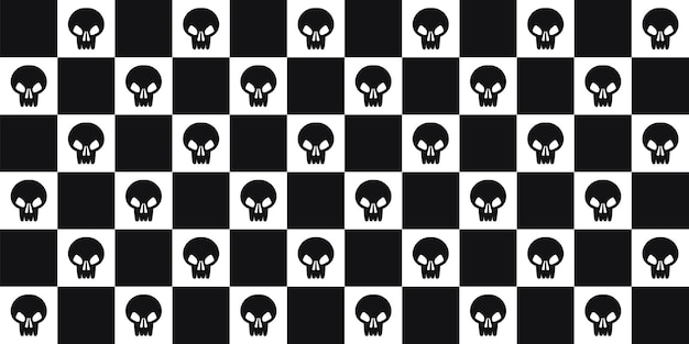 Y2k emo and goth checkered seamless patterns with skulls, 2000s black and white background