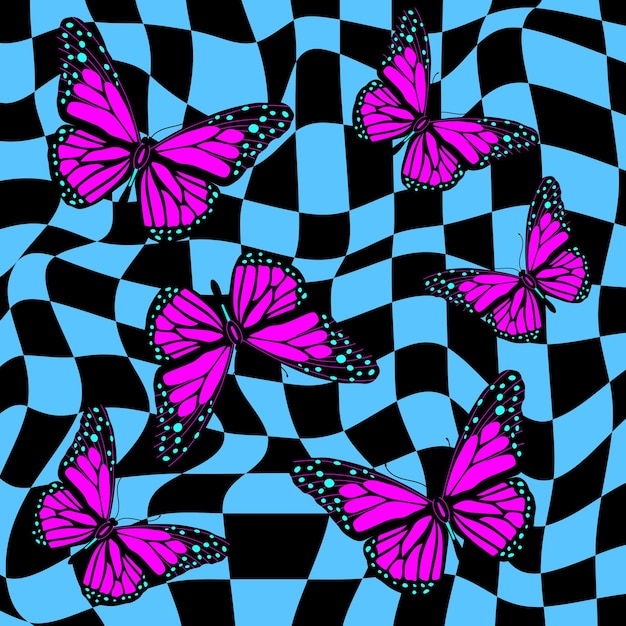 Vector y2k esthetische achtergrond met vlinders op levendig geruit gaas
