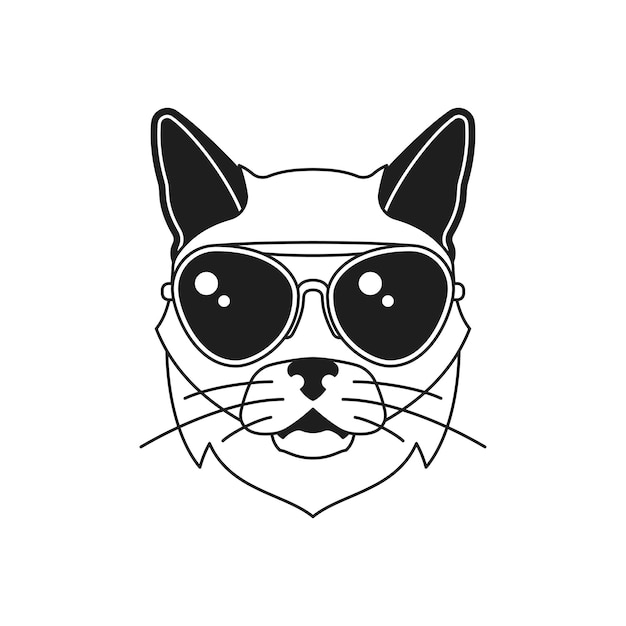 Vector y2k fashion cat in sunglasses portrait comic psychedelic monochrome line retro groovy icon vector