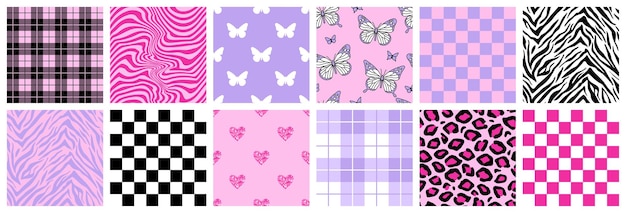 Y2k glamour pink seamless patterns backgrounds in trendy emo goth 2000s style