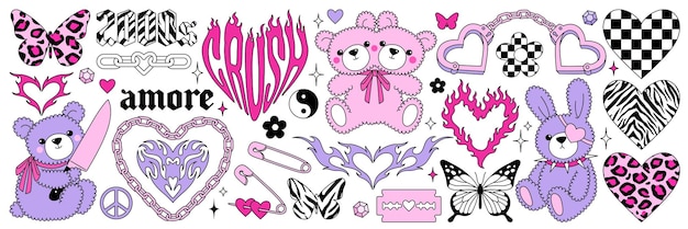 Y2k glamour pink stickers in trendy emo goth 2000s style Butterfly kawaii bear flame heart etc