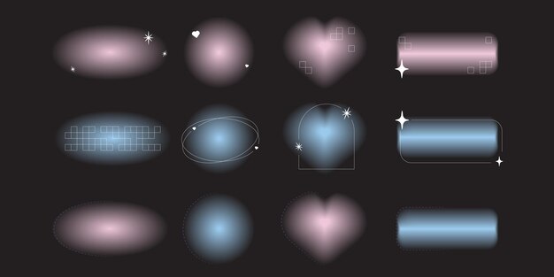벡터 벡터의 y2k 그라데이션 심장 모양 아우라 요소 라인이 있는 추상 소프트 미적 그래픽 세트