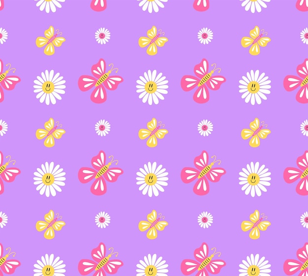 Y2kグルーヴィーなパターントリッピーなスマイリーデイジーと紫の背景にピンクと黄色の蝶