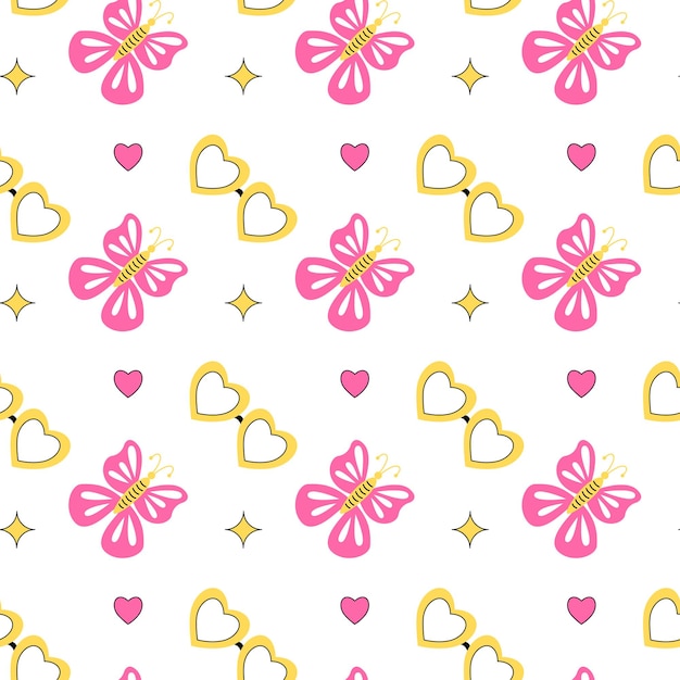 Y2k groovy pattern Yellow glasses and a pink butterfly on a white background 2000s vibes elements