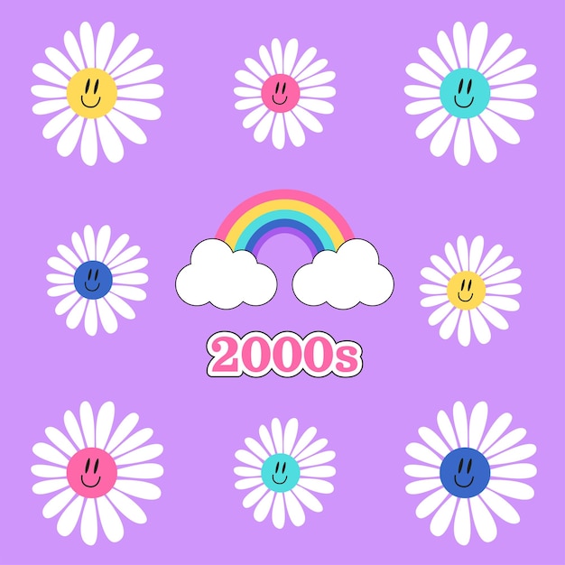 Y2k groovy sjabloon Trippy madeliefjes en regenboog op paarse achtergrond jaren 2000 vibes elementen