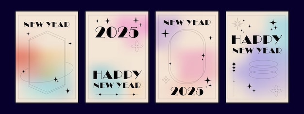 y2k happy new year 2025 retro poster set minimalist design template with stars shapes