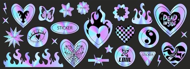 Vector y2k holographic set y2k rave foil collection of trendy emo goth stickers vector illustration