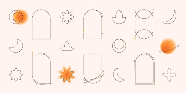 Vector y2k line art design frames and shapes with yellow gradients