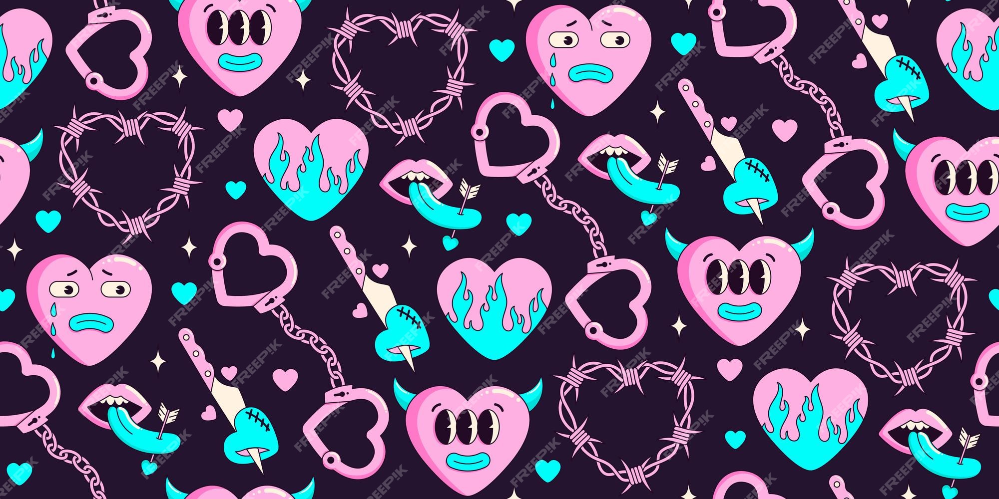 Premium Vector | Y2k neon seamless pattern of funny cartoon hearts and ...