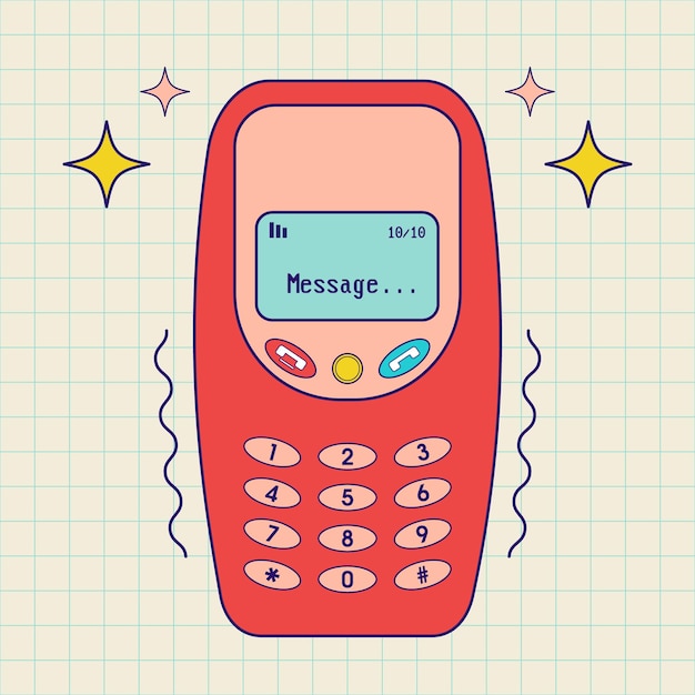 ベクトル レトロな漫画のスタイルで y2k 古いモバイル。市松模様の紙の背景に昔ながらの赤い携帯電話