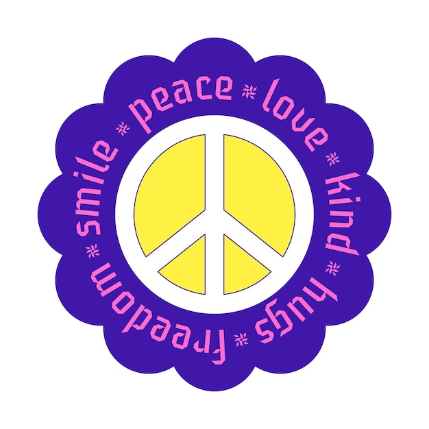 Y2K patch A sticker with a symbol of peace and the words Love kind smile freedom arranged in a circle Text graphic element in bright acid colors Simple vector illustration isolated on a white