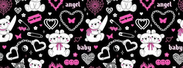 Modello senza cuciture gotico rosa y2k in stile emo alla moda anni 2000 farfalla kawaii orso cuore tatuaggio ecc