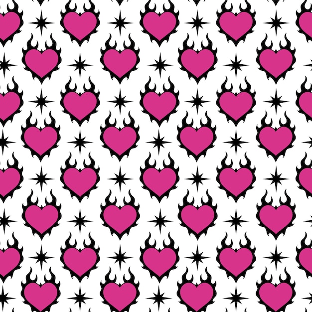 Y2k pink goth semless pattern with heart in flame and stars. 90s, 00s aesthetic.