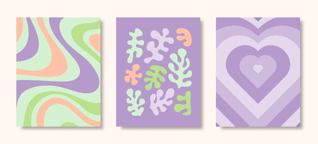Y2k Posters Set Vector Violet, Green Psychedelic Background Repeated Heart, Matisse Floral, Waves