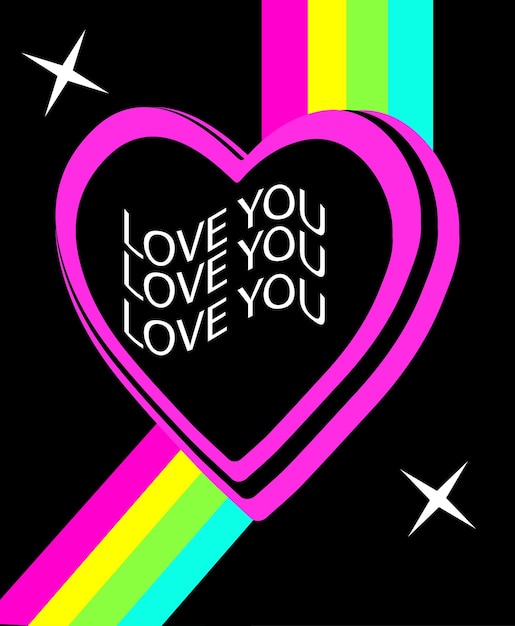 Vector y2k psychedelic acid rainbow poster modern art templates with words i love you valentines day retro emo poster in 2000s stylevector illustration