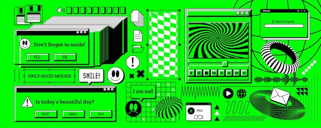 y2k retro window computer interface sticker browser message graphic old game interface web design 90s folder vintage pc screen 2000s rave elements set vector aesthetic background