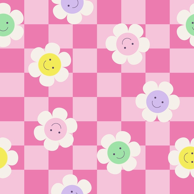 Y2k seamless pattern with daisy chess smile vector background in trendy retro trippy 2000s style