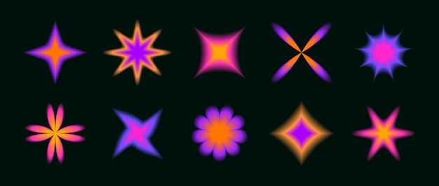 Y2k soft neon gradient flowers and stars set Blurred flower aura collection Colorful abstract