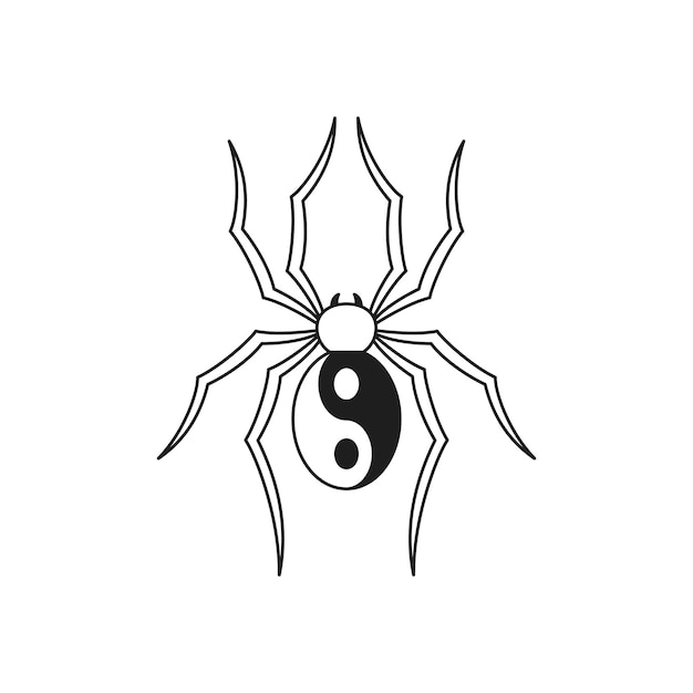 Y2k spider with yin yang harmony balance symbol monochrome line groovy icon vector illustration