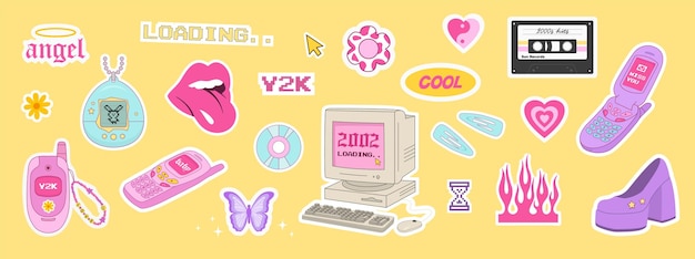 Y2k style vector icons set with old vintage electronics devices