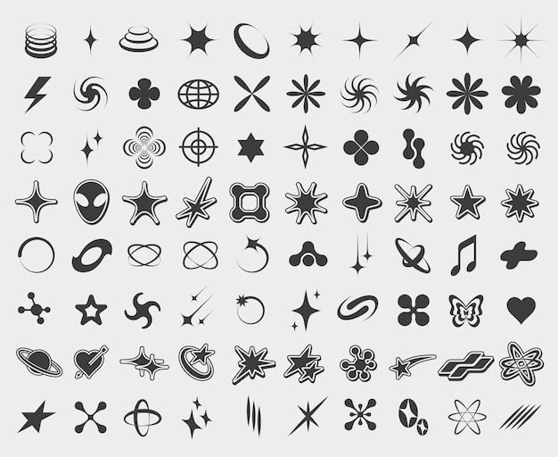 Vector y2k symbols retro star icons trendy acid rave and graphic elements for posters and streetwear fashion design vector set