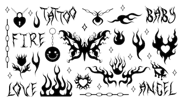 Premium Vector | Y2k tattoo stickers flame and fire chain heart ...