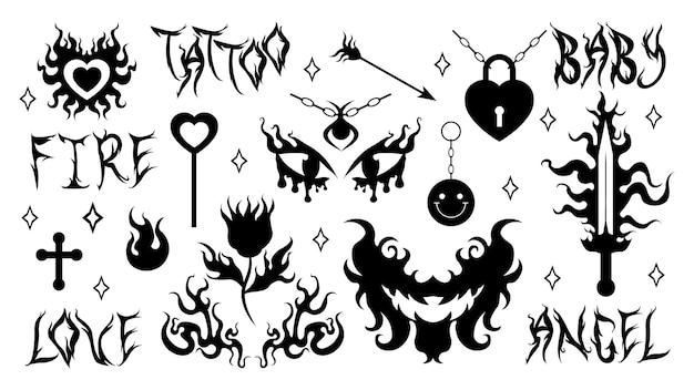 Y2k tattoo stickers Vlam en vuur keten hart zwaard bloem ketting triball glamour in trendy jaren 90 00 psychedelische stijl Vector hand getekend zwart-wit silhouet tattoo print set EPS