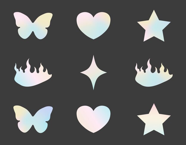 Y2k trendy gradient stickers butterfly star heart 90s and 2000s style nostalgia glamorous