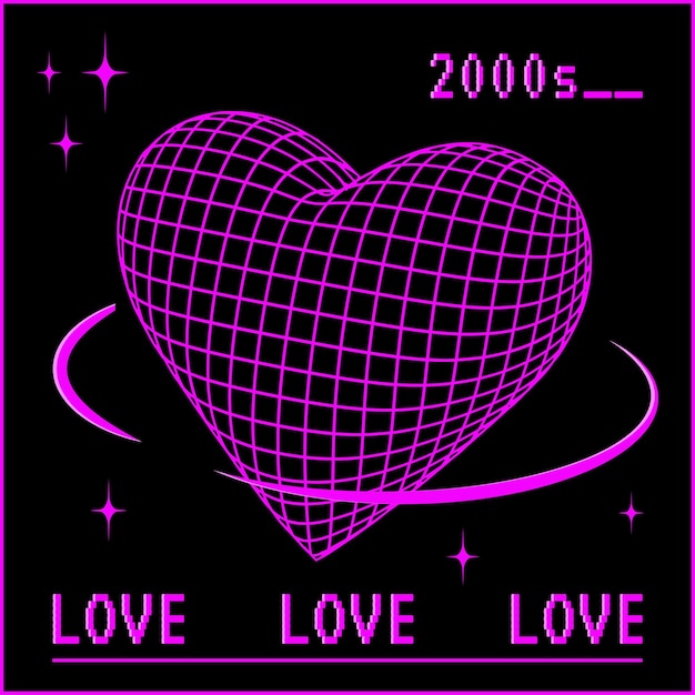 Y2K trendy heart shape 3d vector geometric figure dimensional geometric acid form in black frame