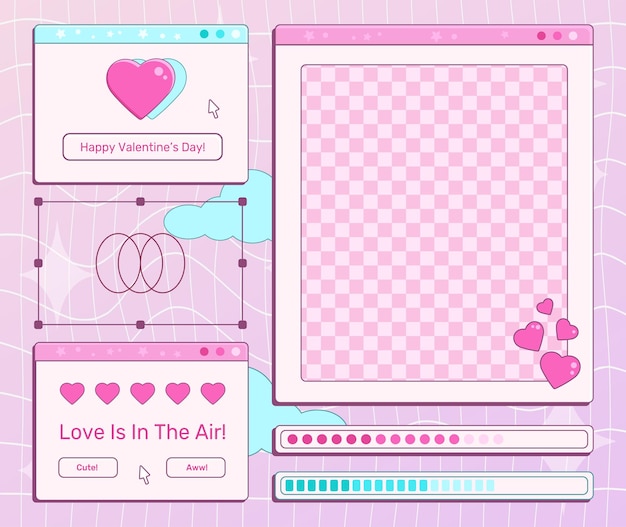 Vector y2k valentine day retro computer interface set with hearts and short phrases pc windows templates