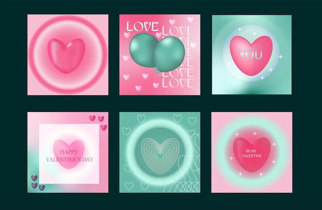 Y2k Valentine day story templates for social media Hearts balloon and love symbols Trendy gradients