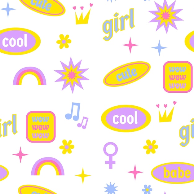 Y2k vibe seamless pattern. Sticker girly 2000 vibe pattern. Retro 00's concept wallpaper