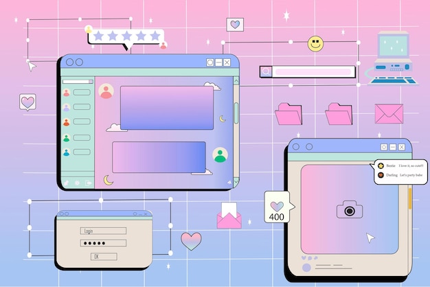 Y2k windows retro screens in retrowave vaporwave vintage style Computer social media and login