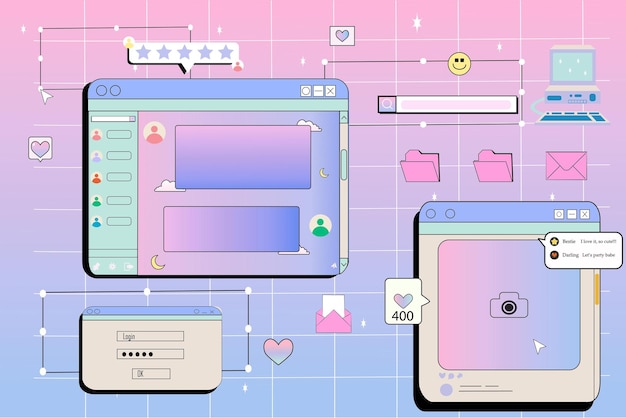 Vector y2k windows retro screens in retrowave vaporwave vintage style computer social media and login