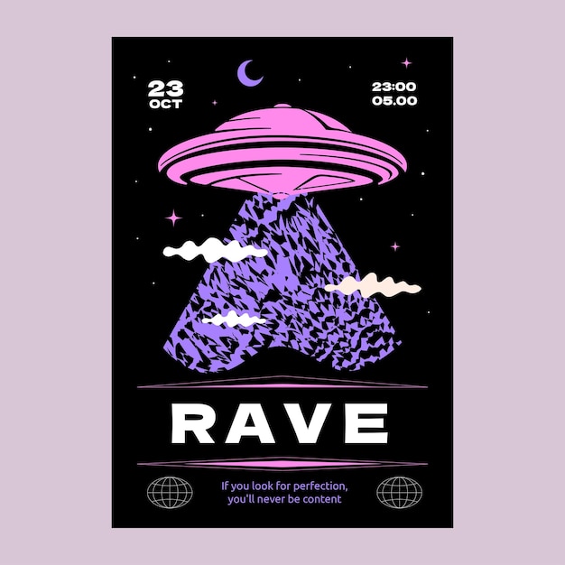 Vettore un poster in stile y2kstyle con un ufo e l'iscrizione rave un modello di design per una festa techno