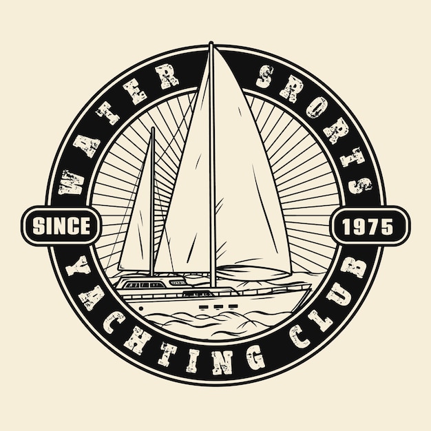 碑文とモノクロスタイルのヨットクラブのロゴまたはエンブレムバッジのデザイン