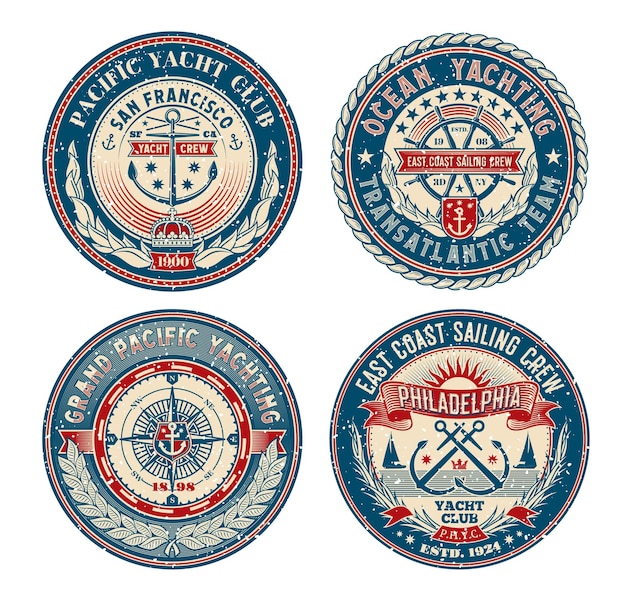 Patch retrò per yacht club distintivi di regata per lo sport nautico o simboli vettoriali per la vela in barca toppe vintage per yacht club per regate marine e marittime con emblemi del club dei marinai di ancoraggio per lo sport da diporto