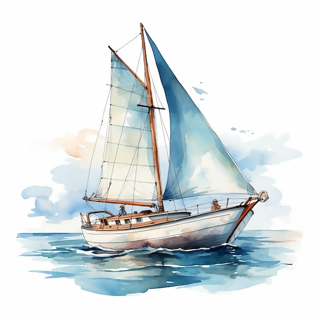 Vector yacht sailboat sea water boat travel ship sail summer blue watercolor illustration wind ocean naut