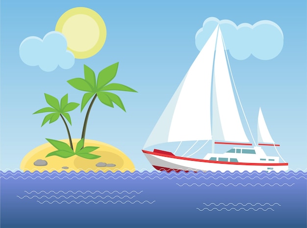 Yacht in the sea on the background of the sunny sky and sand beach Vector illustration