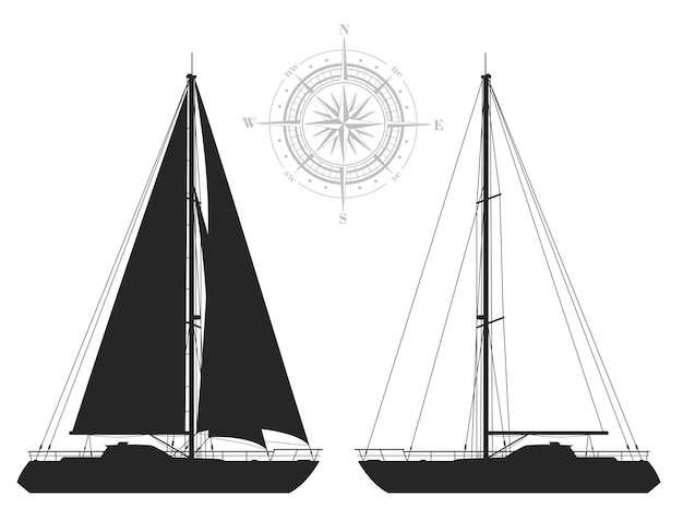 Яхты подробная векторная иллюстрация двух черных яхт на белом фоне