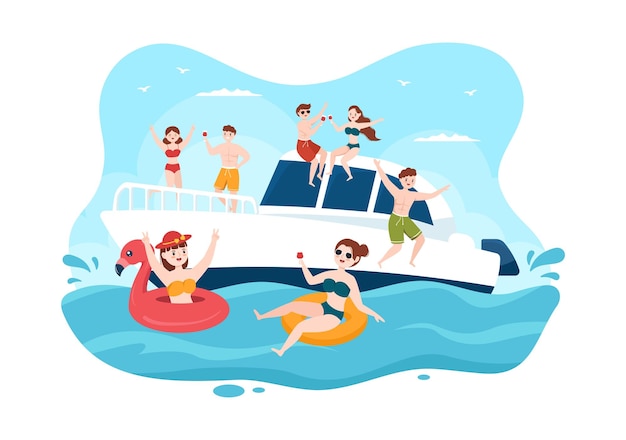 Yachts at ocean template hand drawn cartoon flat illustration