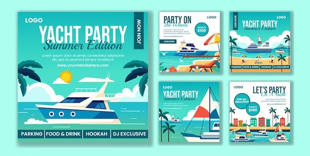 Vettore yachts party social media post flat cartoon template disegnati a mano illustrazione di sfondo