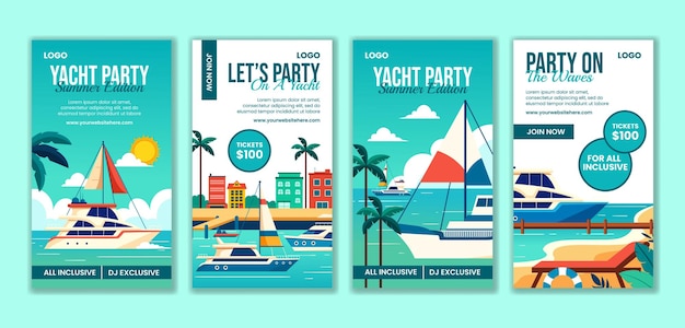 Yachts Party Social Media Stories Flat Cartoon Hand Drawn Templates Background Illustration