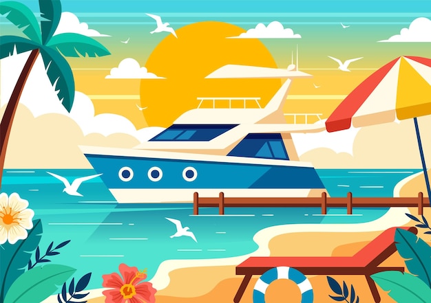 Векторная иллюстрация яхт с грузовой лодкой и парусной лодкой водного транспорта на пляже