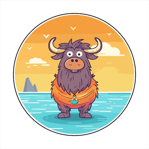 Yak Leuke Grappige Cartoon Kawaii Kleurrijke Waterverf Strand Zomer Dieren Huisdieren Sticker Illustratie