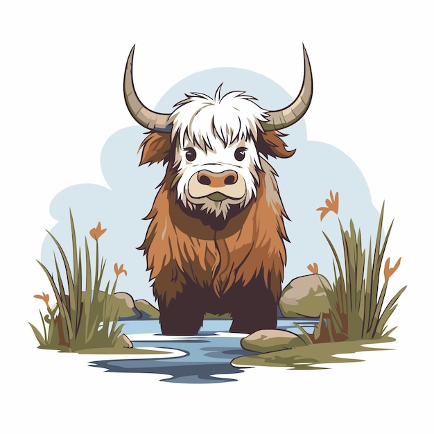 Vector yak on the river bank vector illustration in cartoon style